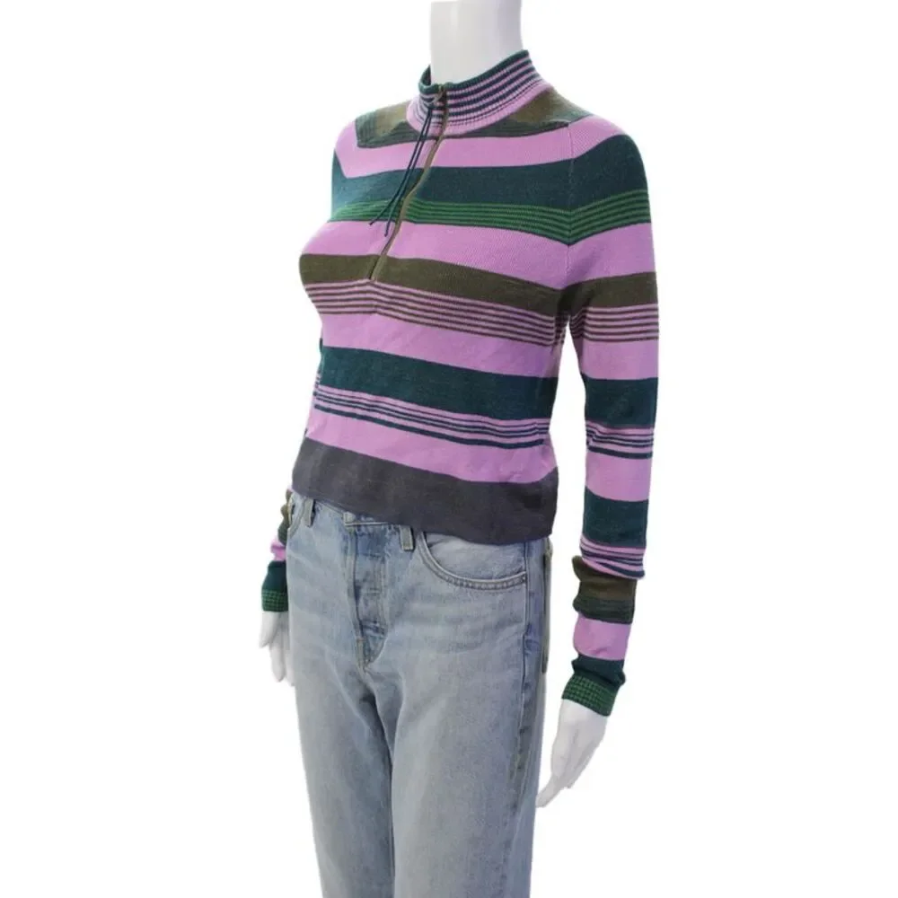 Free People Womens Striped 1/2 Zippered High-Neck Sweater Multicolor Size S